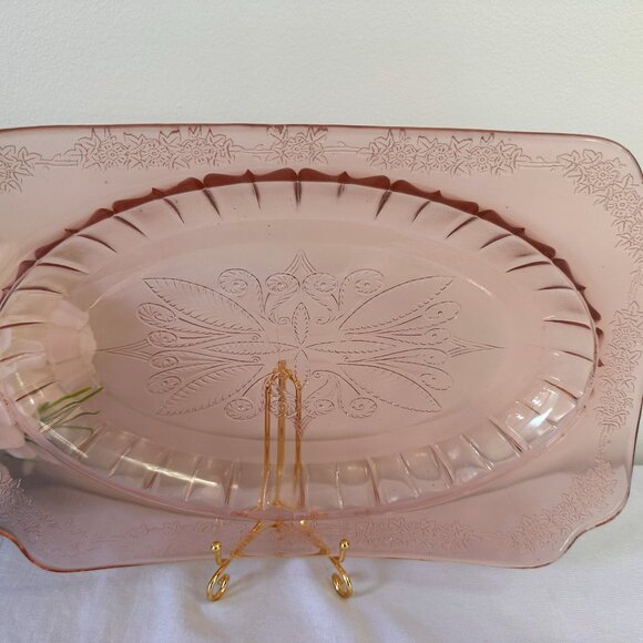 Vintage Pink Jeannette Glass Floral Poinsettia Depression Glass Platter – Elegan - Picture 2 of 4